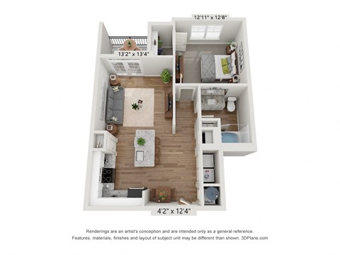 Floor plan for 1 bed, 1 bath, 730 sqft